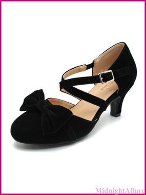 Womens Bow Mary Jane Kitten Heels Closed Toe Ankle Strap Dress Pumps